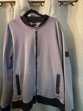 BOSS Men's Light Gray Bomber Zip-Up Sweater with Navy Trim
